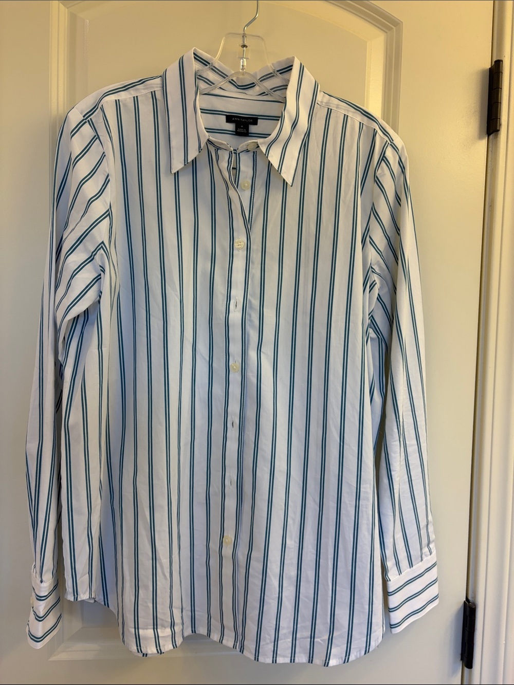 Ann Taylor White Button-Down Shirt with Teal Stripes